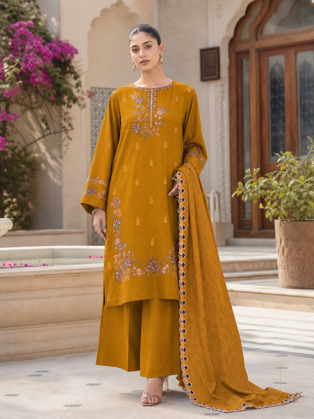 Dhanak embroidered 3-piece unstitched suit Design 28 worn by model