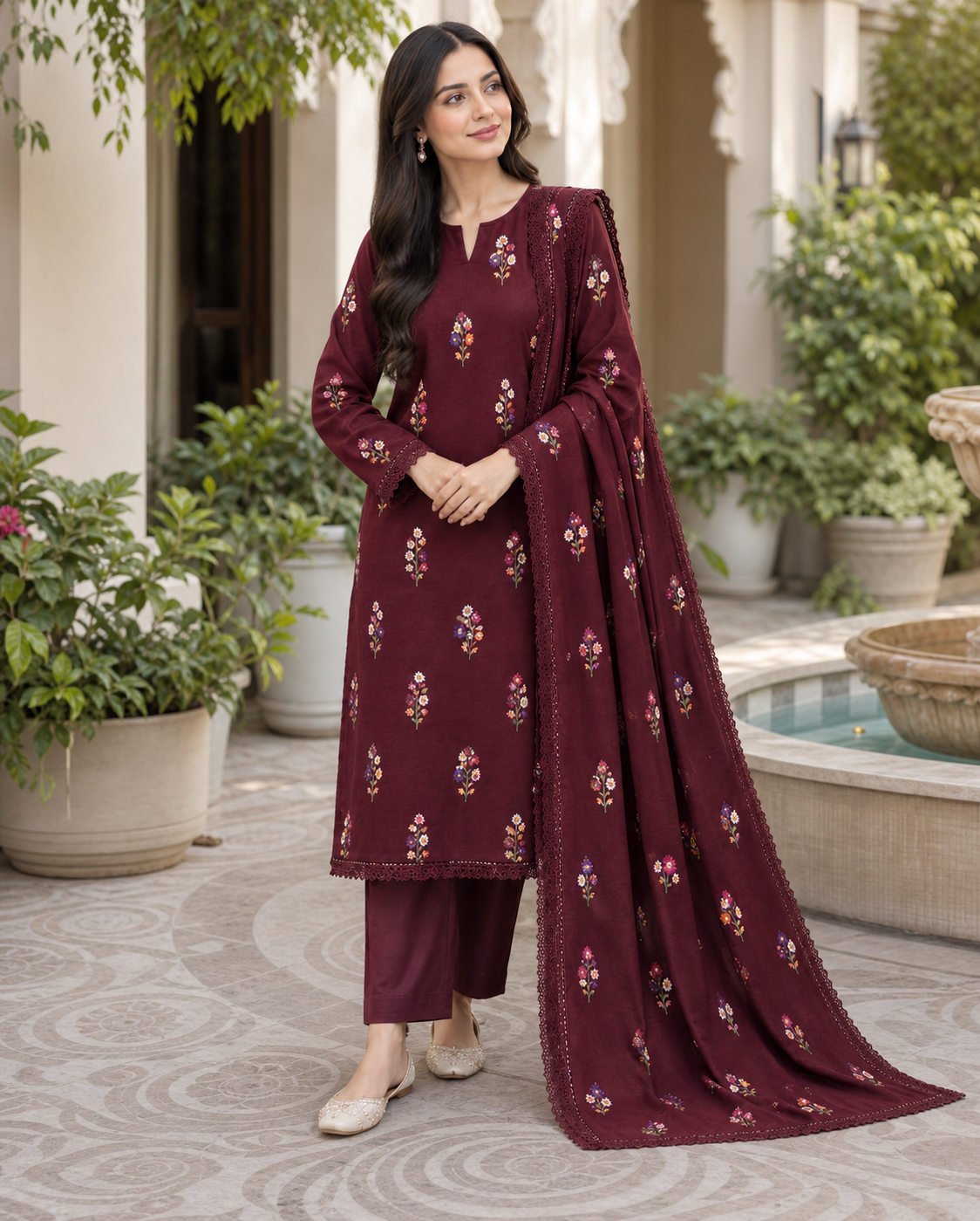 Mehroon Indian Booti Dhanak embroidered 3-piece unstitched suit worn by model