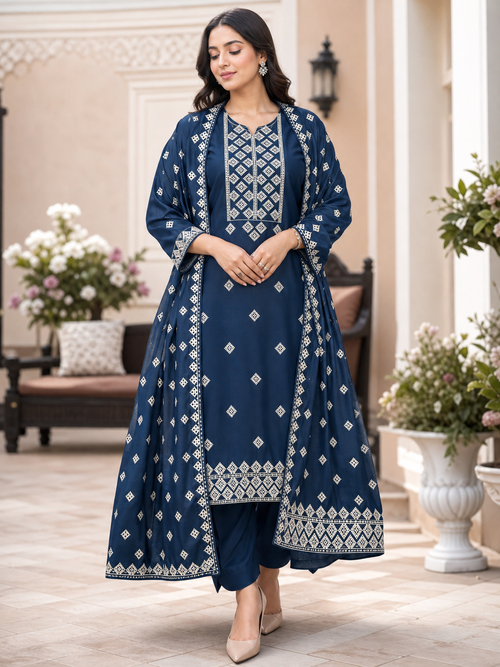 Dhanak embroidered 3-piece unstitched suit Design 03 worn by model