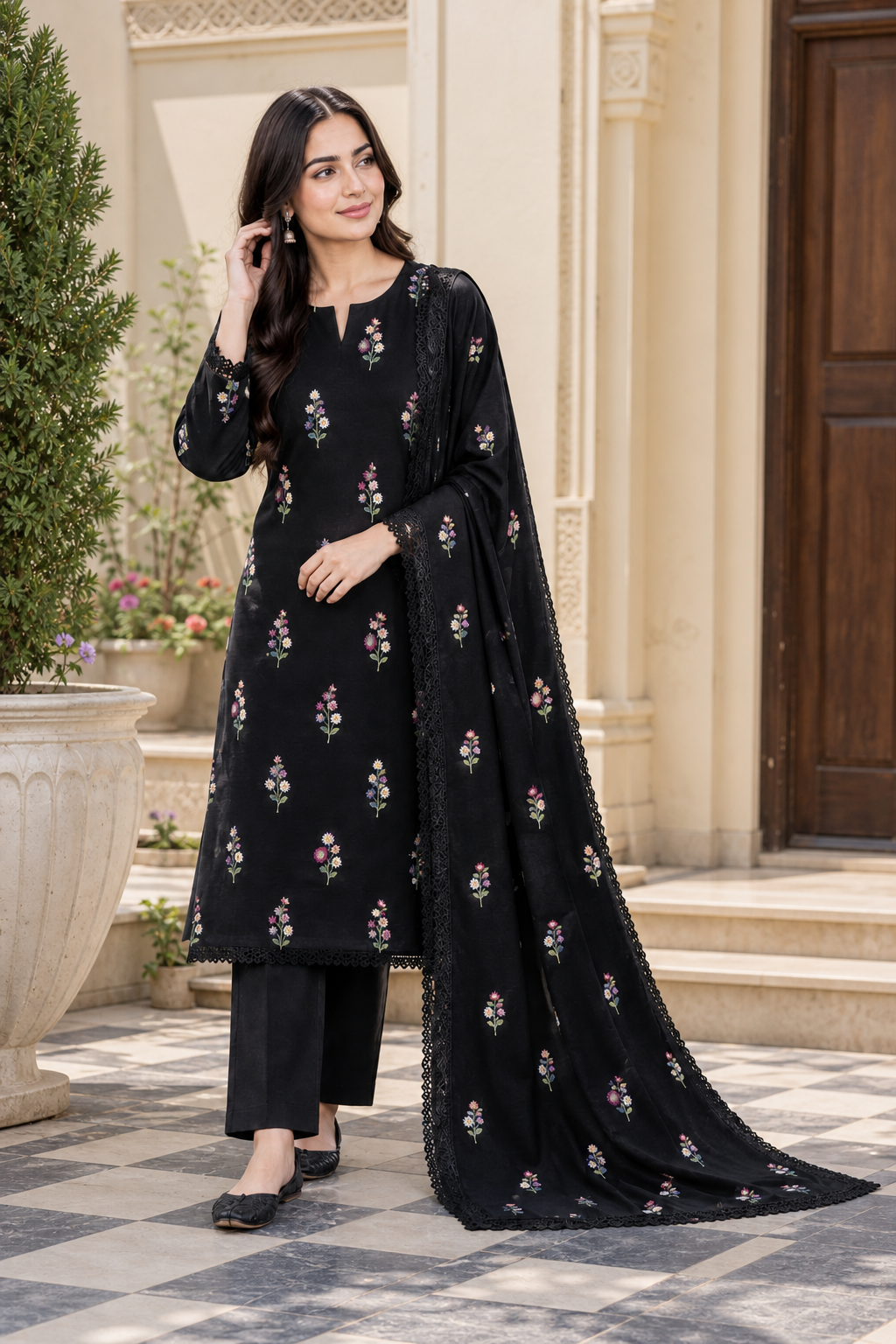 Black Indian Booti Dhanak embroidered 3-piece unstitched suit worn by model