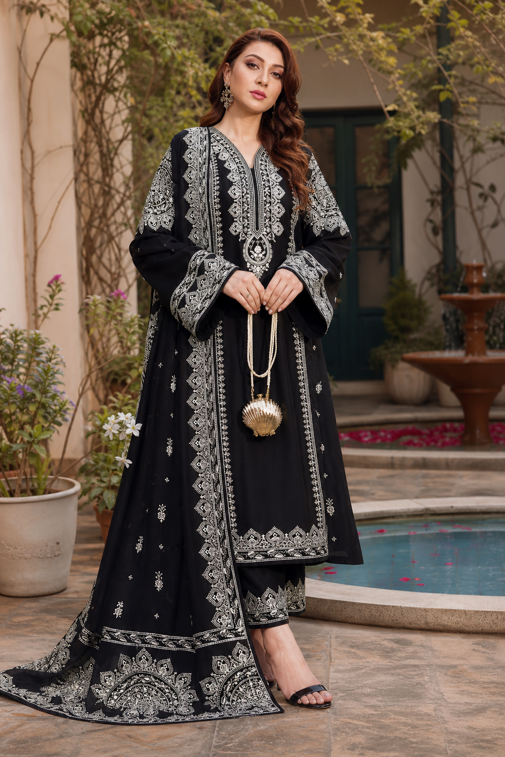 Dhanak embroidered 3-piece unstitched suit Design 21 worn by model