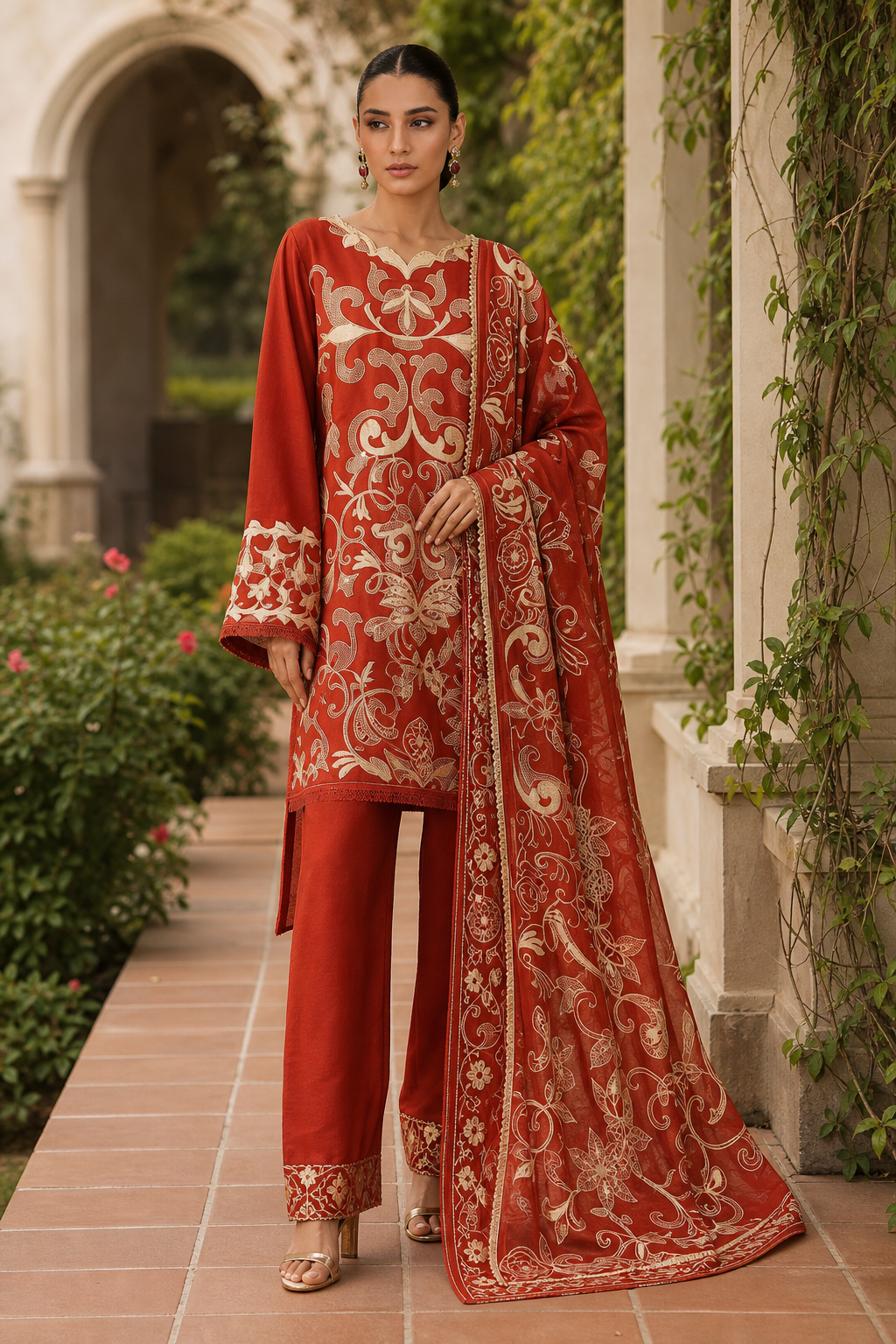 Dhanak embroidered 3-piece unstitched suit Design 47 worn by model