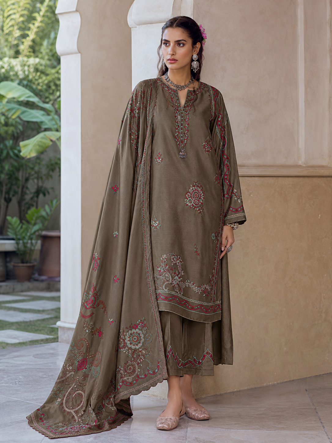 Dhanak embroidered 3-piece unstitched suit Design 22 worn by model