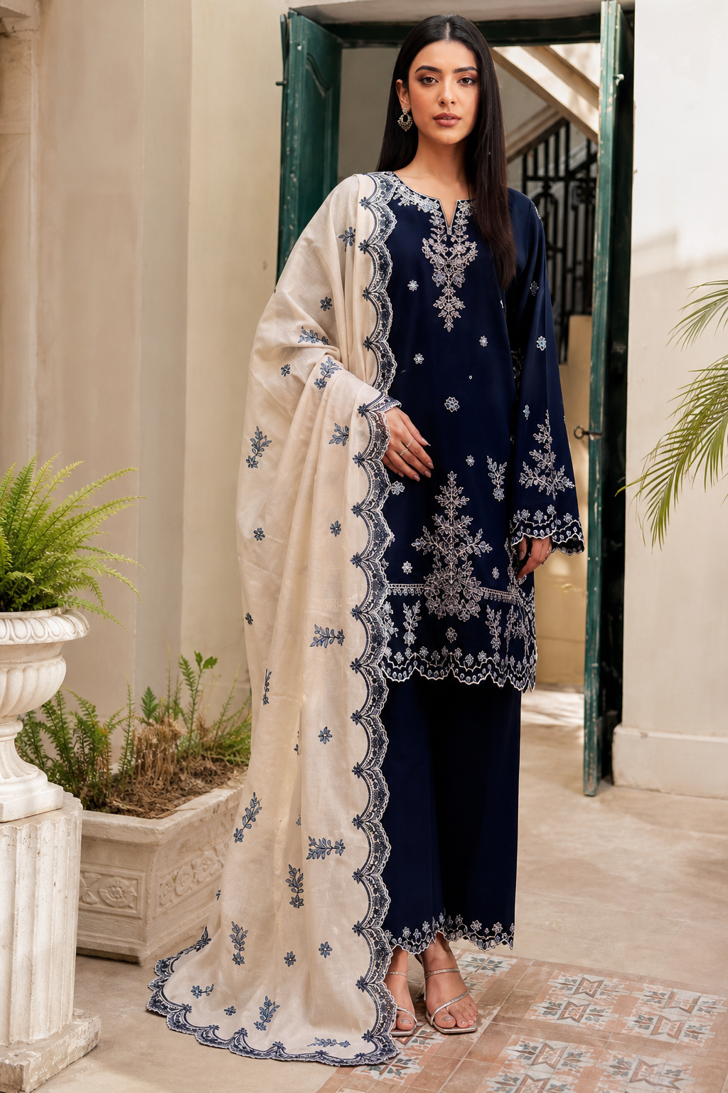 Dhanak embroidered 3-piece unstitched suit Design 48 worn by model