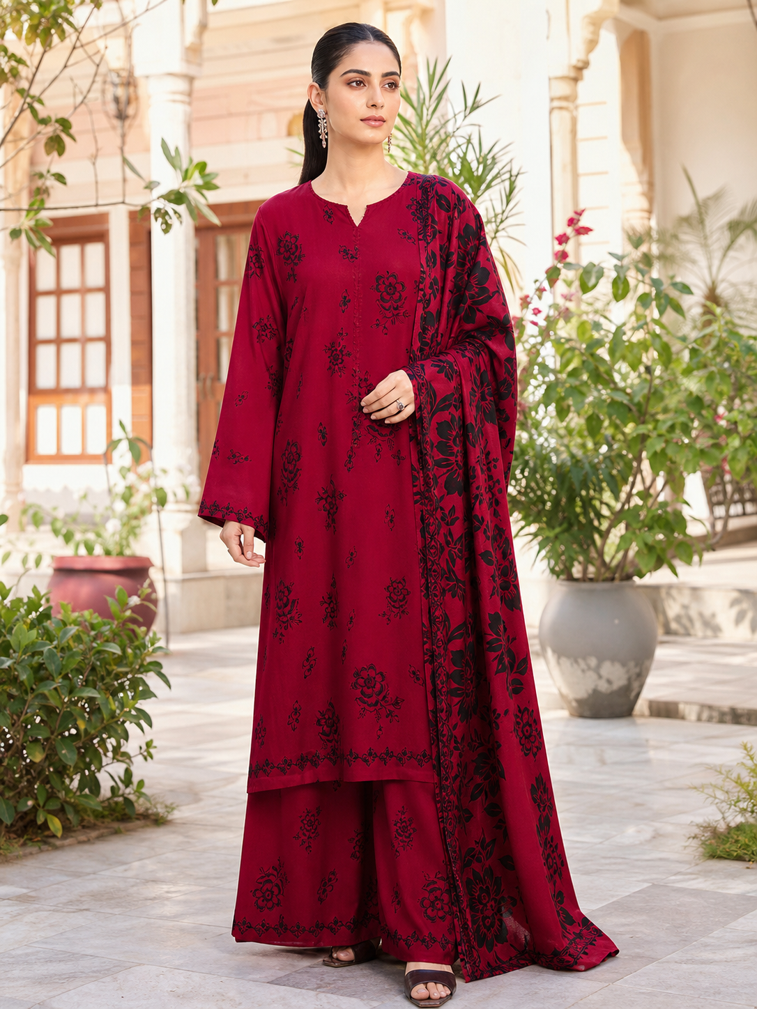 Dhanak embroidered 3-piece unstitched suit Design 23 worn by model