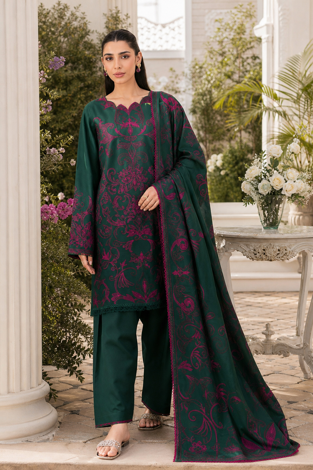 Dhanak embroidered 3-piece unstitched suit Design 49 worn by model