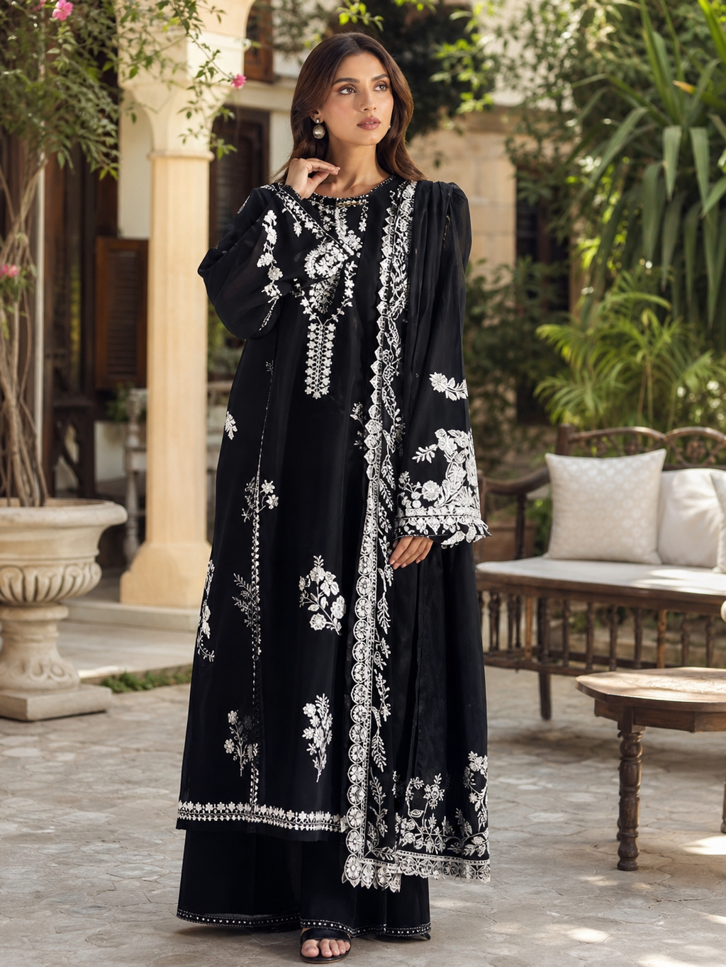 Dhanak embroidered 3-piece unstitched suit Design 24 worn by model