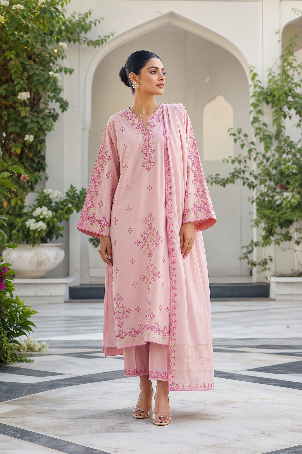 Dhanak embroidered 3-piece unstitched suit Design 50 worn by model