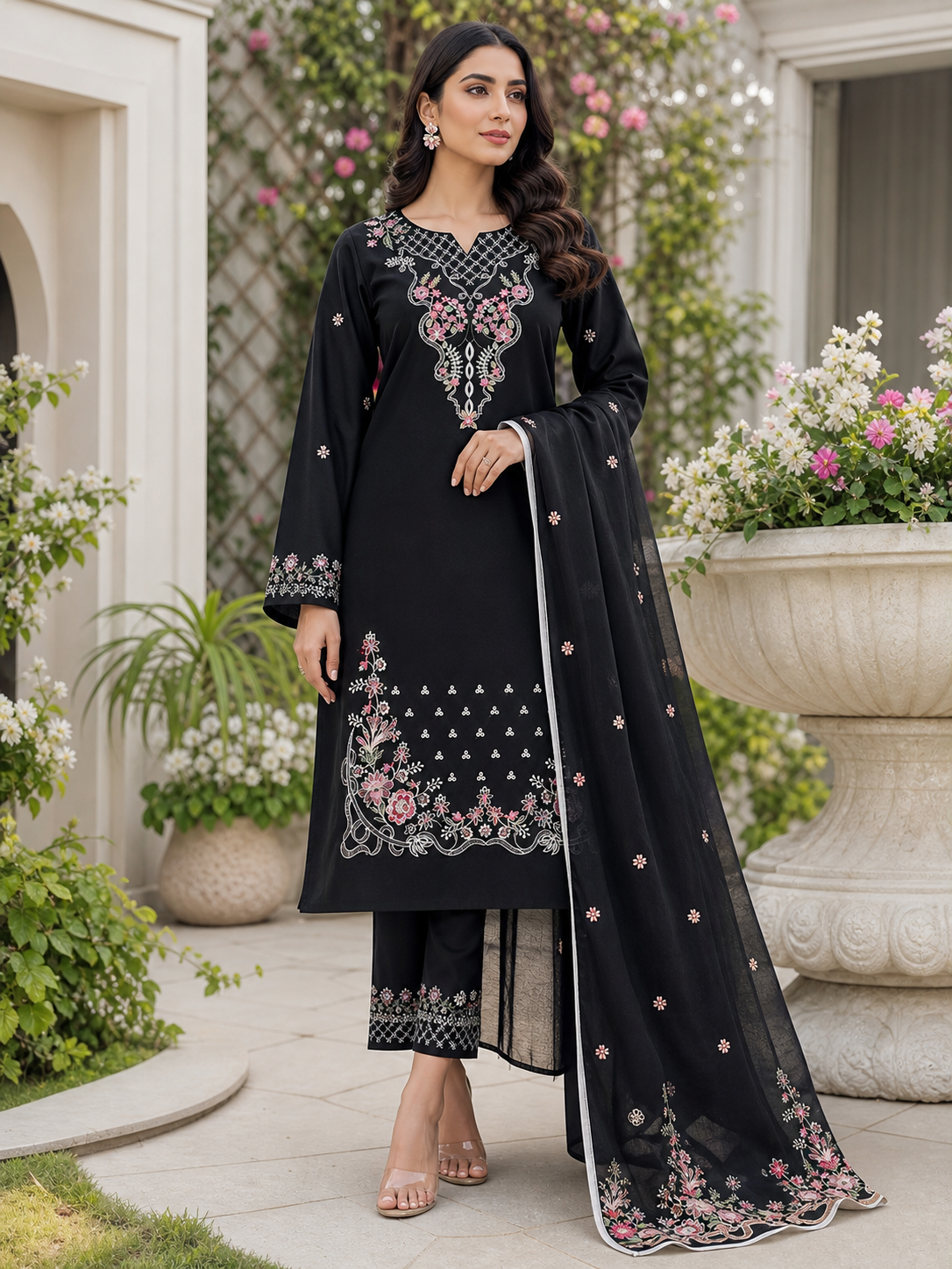 Dhanak embroidered 3-piece unstitched suit Design 25 worn by model