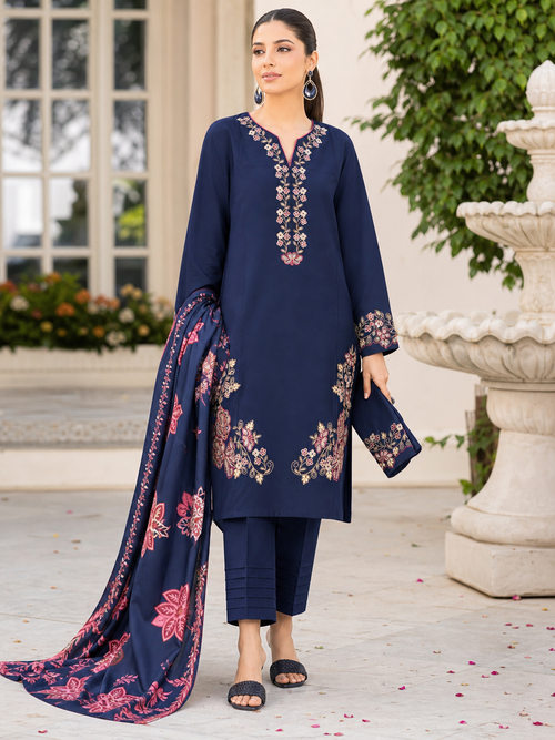 Dhanak embroidered 3-piece unstitched suit Design 04 worn by model