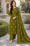 Mehndi Indian Booti Dhanak embroidered 3-piece unstitched suit worn by model