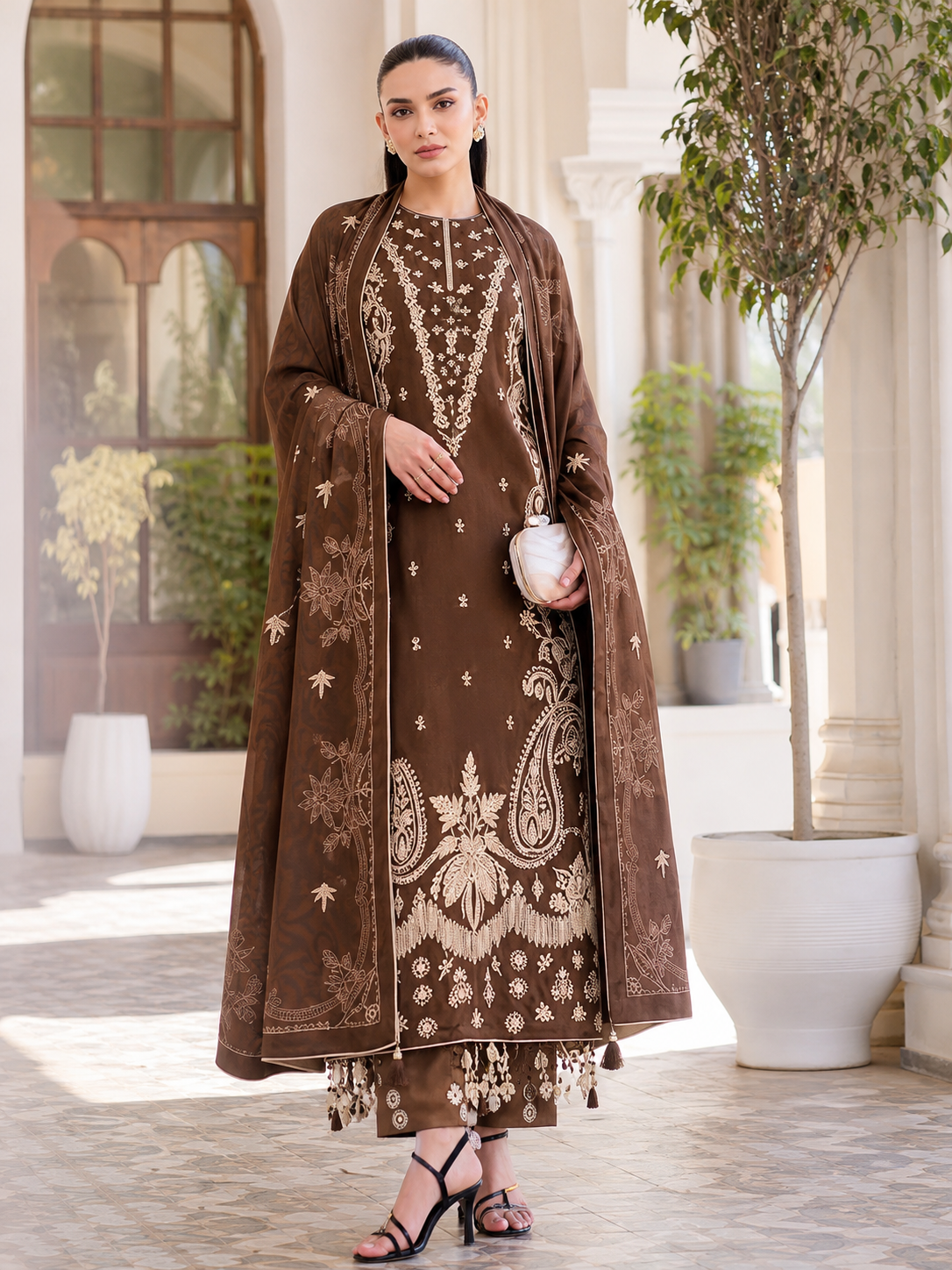 Dhanak embroidered 3-piece unstitched suit Design 30 worn by model