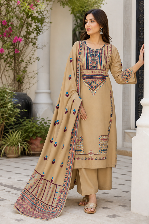 Dhanak embroidered 3-piece unstitched suit Design 05 worn by model
