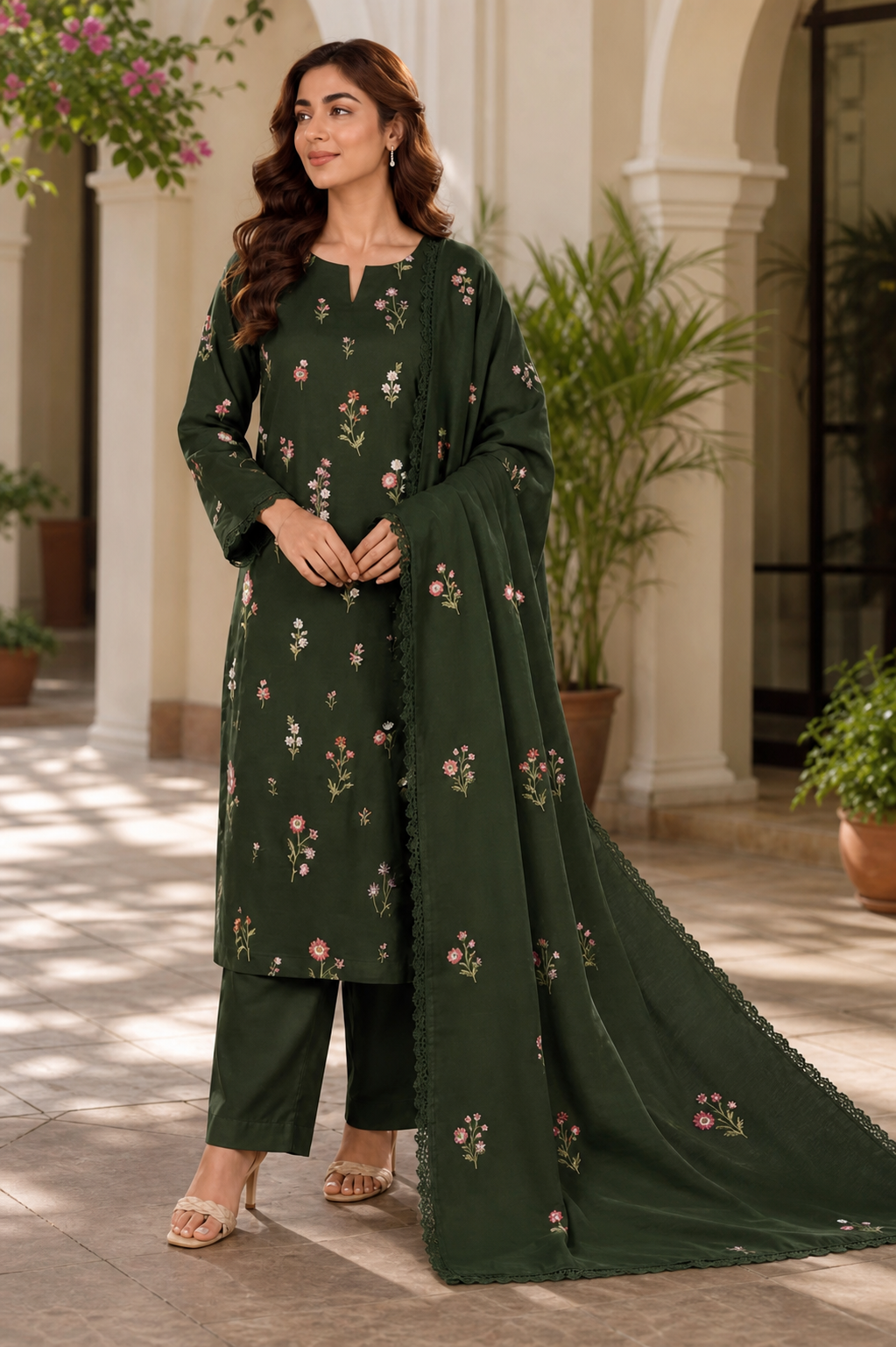 Bottle Green Indian Booti Dhanak embroidered 3-piece unstitched suit worn by model