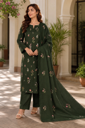 Bottle Green Indian Booti Dhanak embroidered 3-piece unstitched suit worn by model