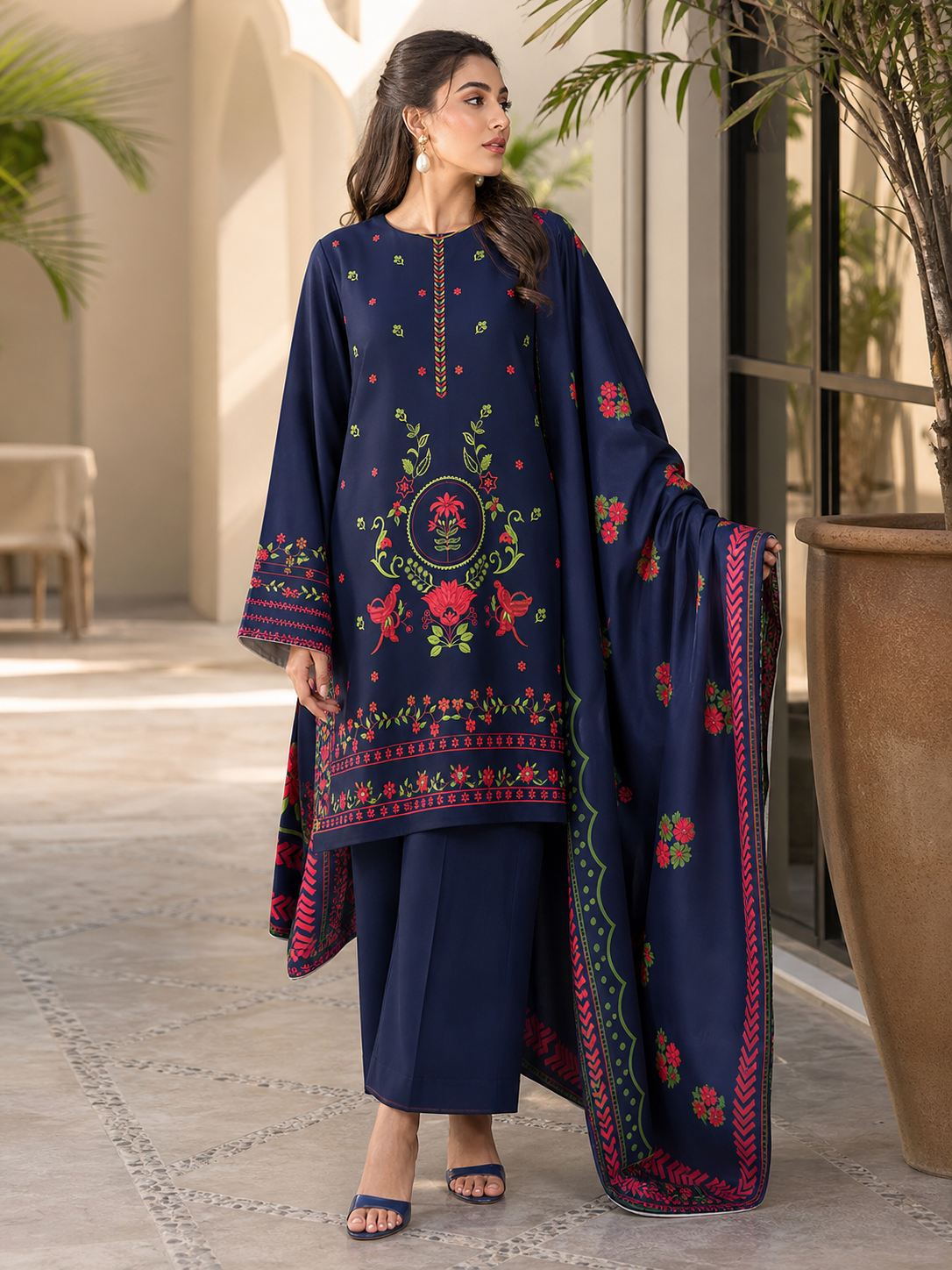 Dhanak embroidered 3-piece unstitched suit Design 26 worn by model