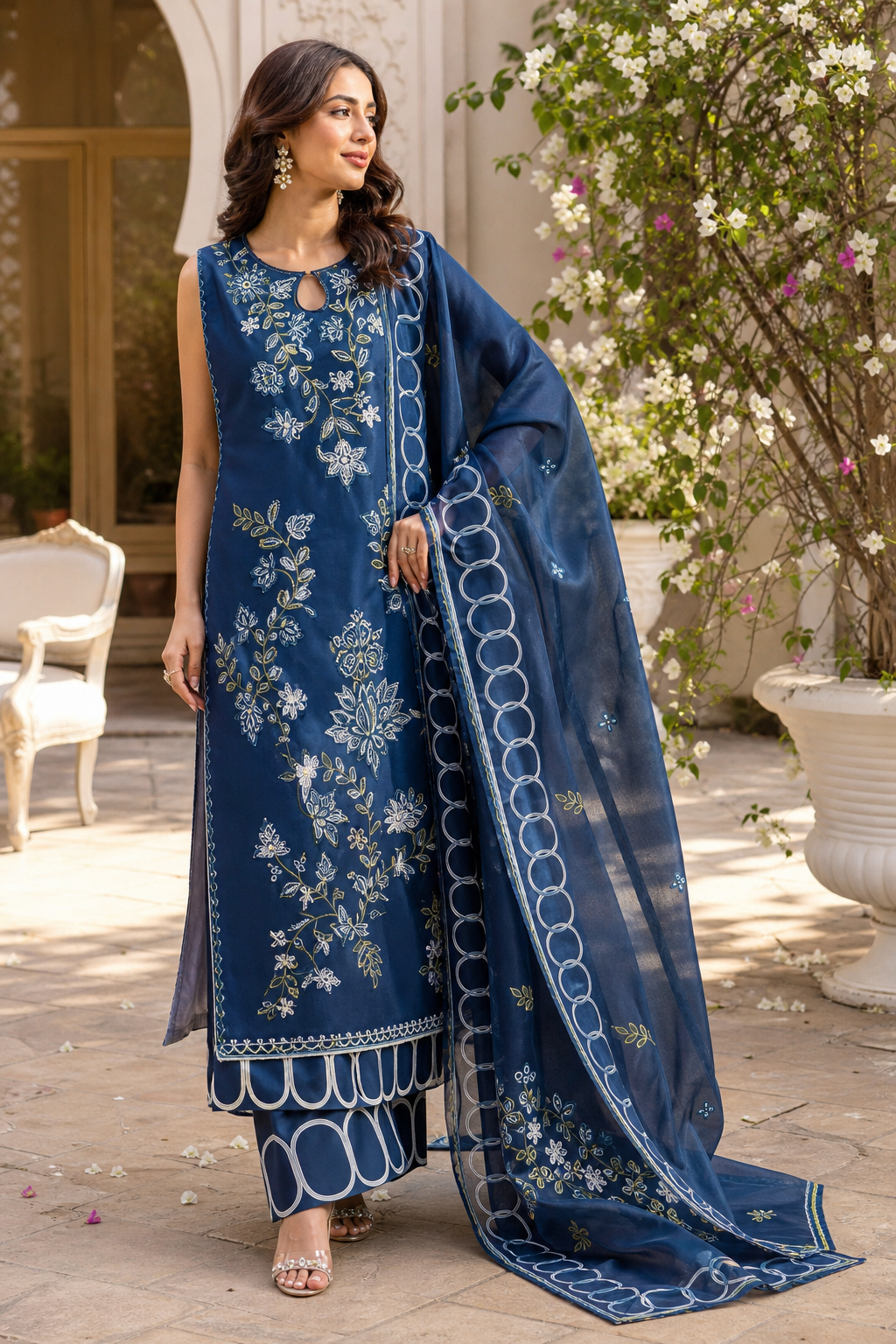 Dhanak embroidered 3-piece unstitched suit Design 31 worn by model