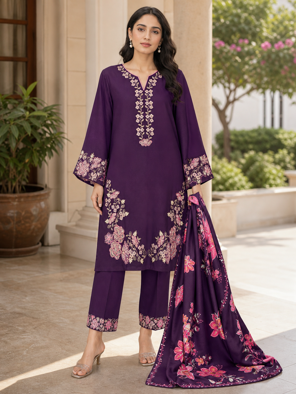 Dhanak embroidered 3-piece unstitched suit Design 06 worn by model