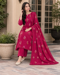 Shocking Pink Indian Booti Dhanak embroidered 3-piece unstitched suit worn by model