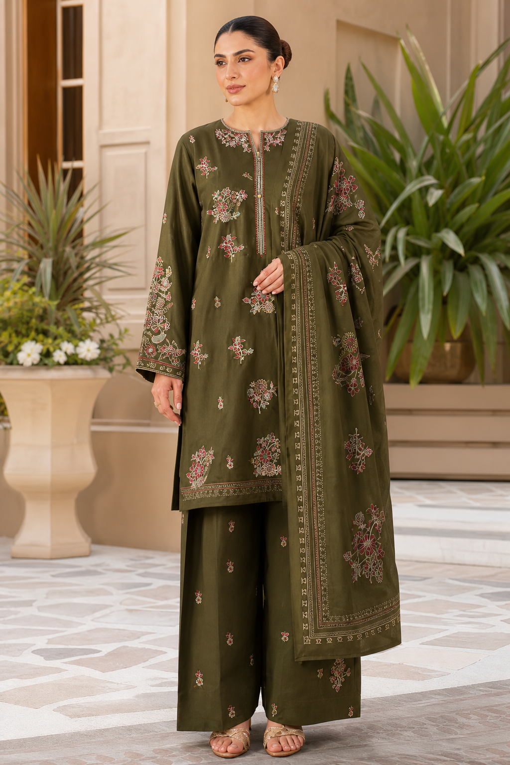 Dhanak embroidered 3-piece unstitched suit Design 32 worn by model