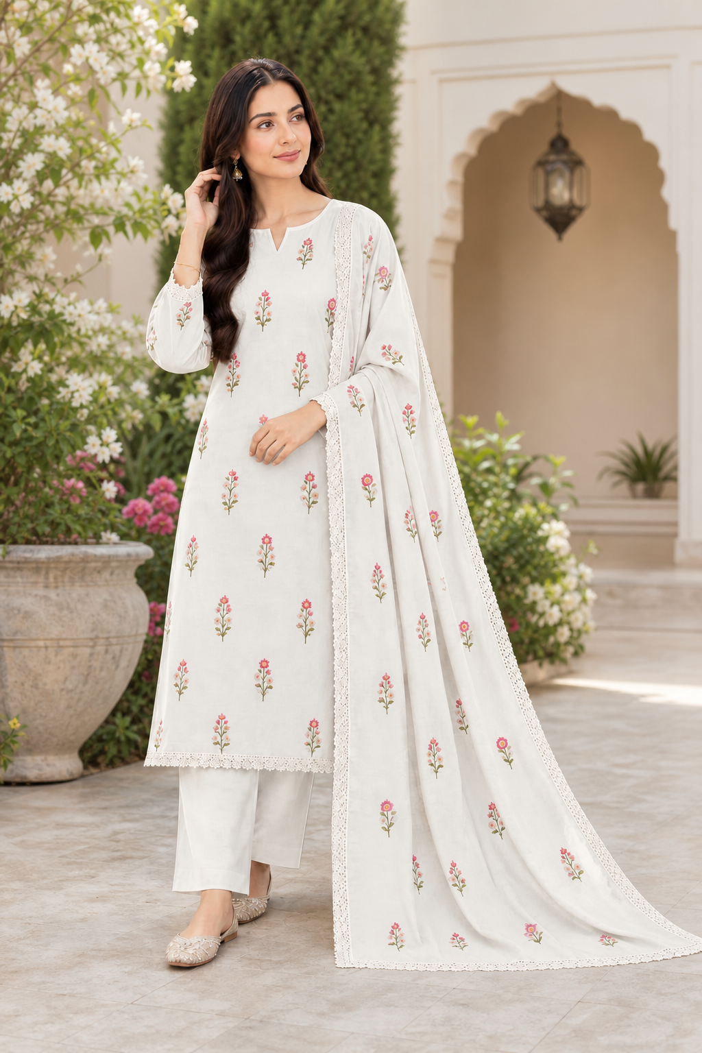 White Indian Booti Dhanak embroidered 3-piece unstitched suit worn by model