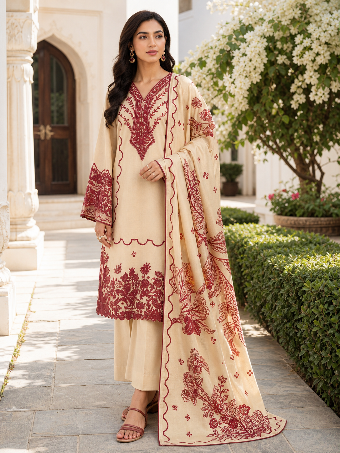 Dhanak embroidered 3-piece unstitched suit Design 33 worn by model