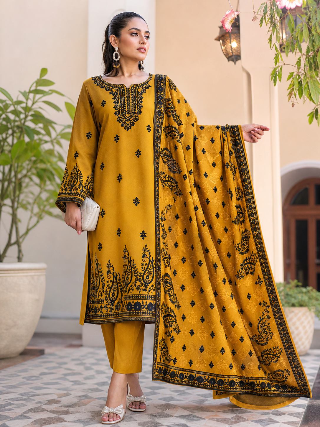 Dhanak embroidered 3-piece unstitched suit Design 01 worn by model
