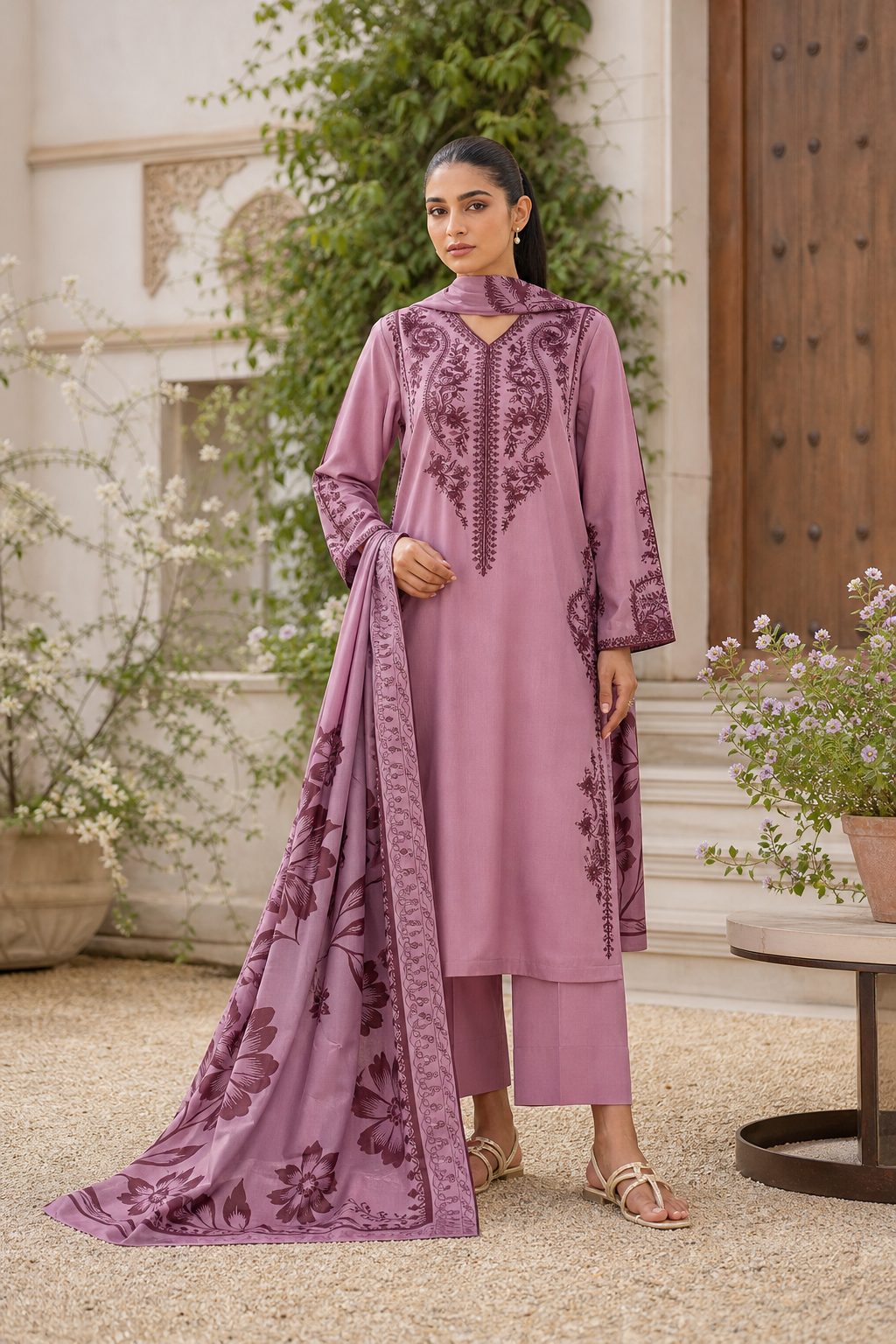 Dhanak embroidered 3-piece unstitched suit Design 34 worn by model
