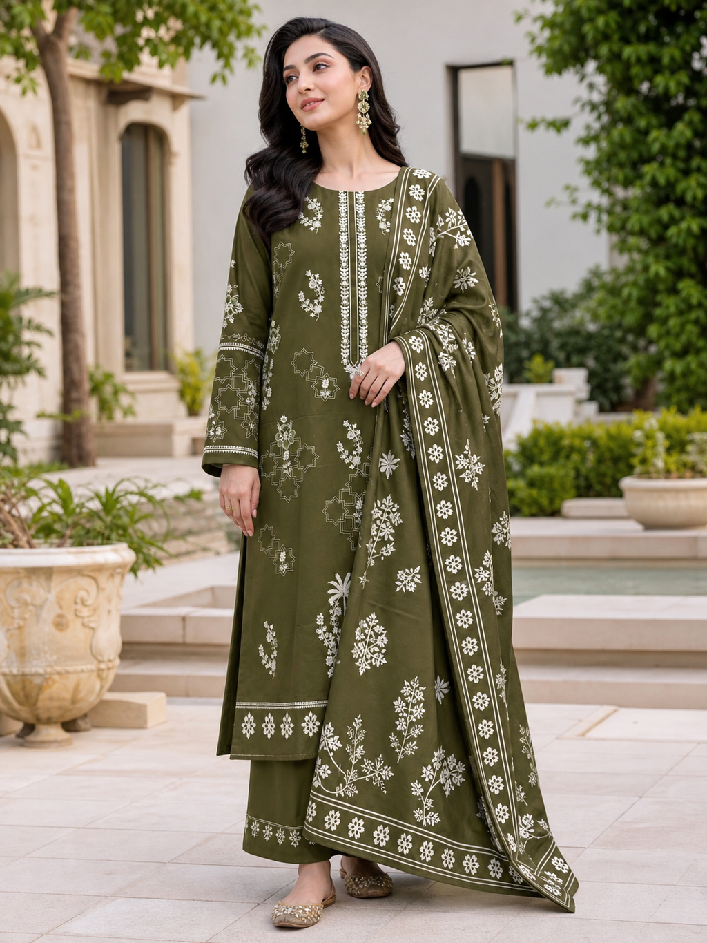 Dhanak embroidered 3-piece unstitched suit Design 09 worn by model