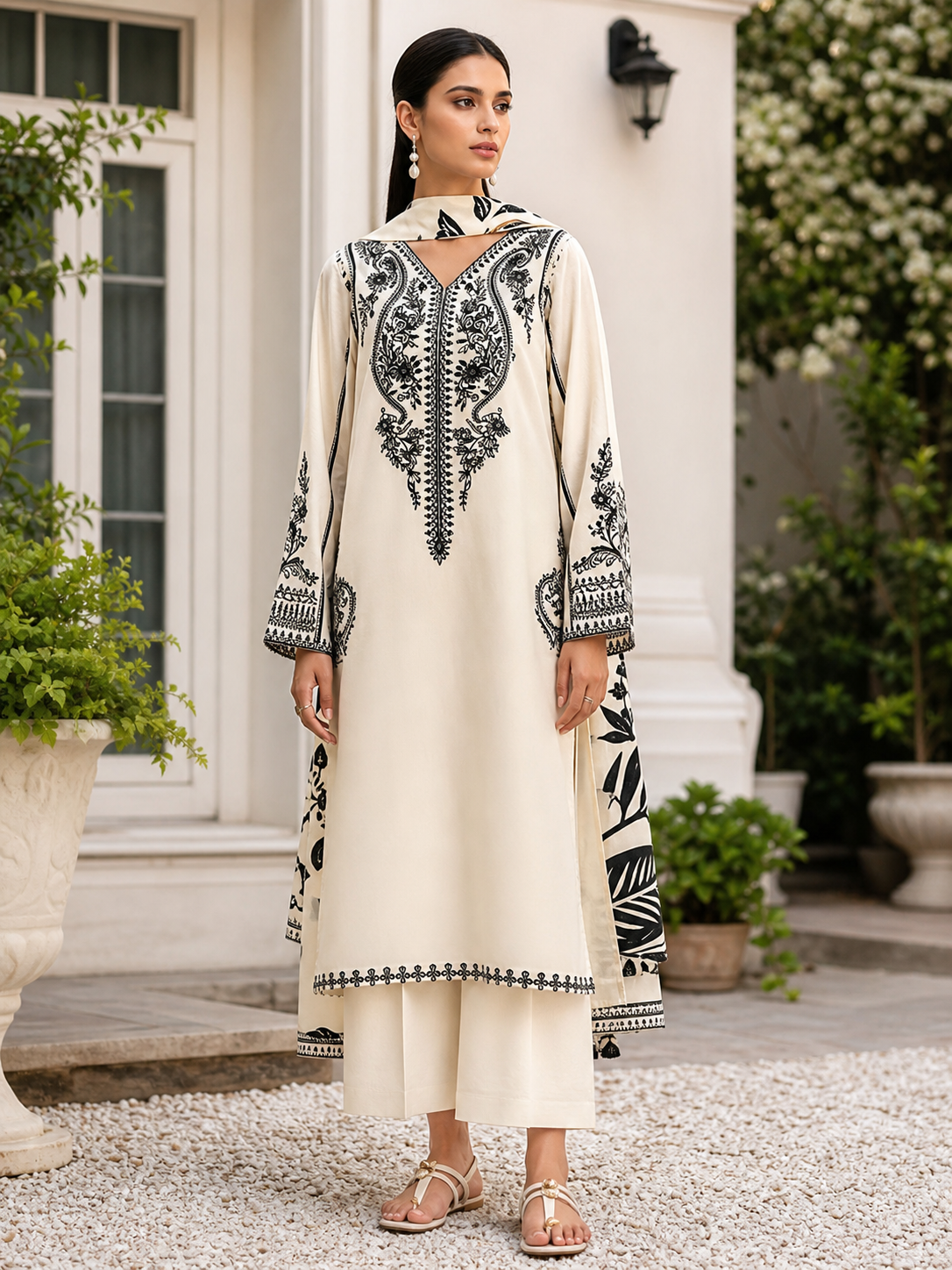 Dhanak embroidered 3-piece unstitched suit Design 35 worn by model