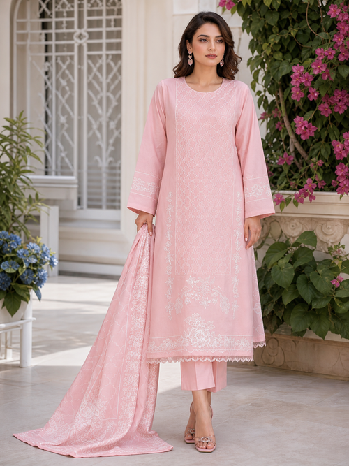 Dhanak embroidered 3-piece unstitched suit Design 10 worn by model