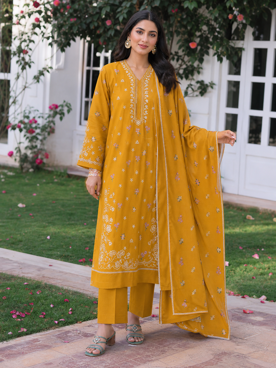 Dhanak embroidered 3-piece unstitched suit Design 27 worn by model