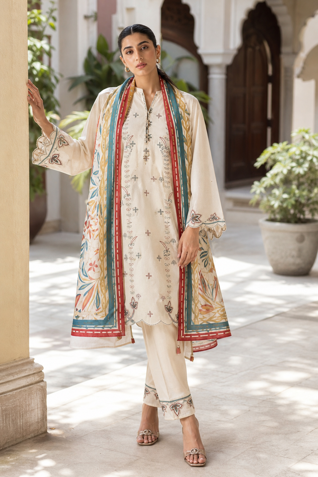 Dhanak embroidered 3-piece unstitched suit Design 36 worn by model
