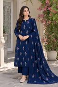 Navy Blue Indian Booti Dhanak embroidered 3-piece unstitched suit worn by model