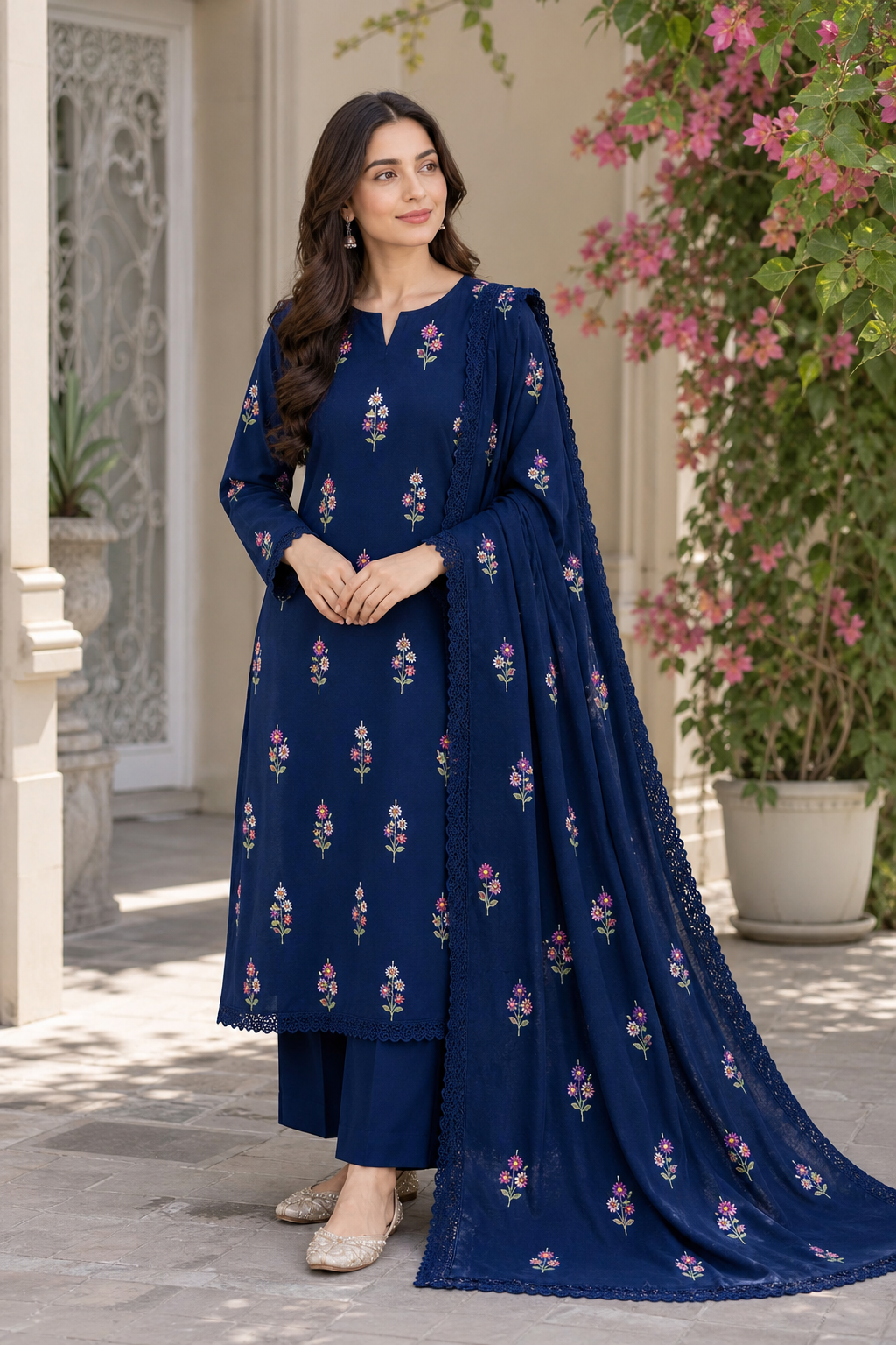 Navy Blue Indian Booti Dhanak embroidered 3-piece unstitched suit worn by model