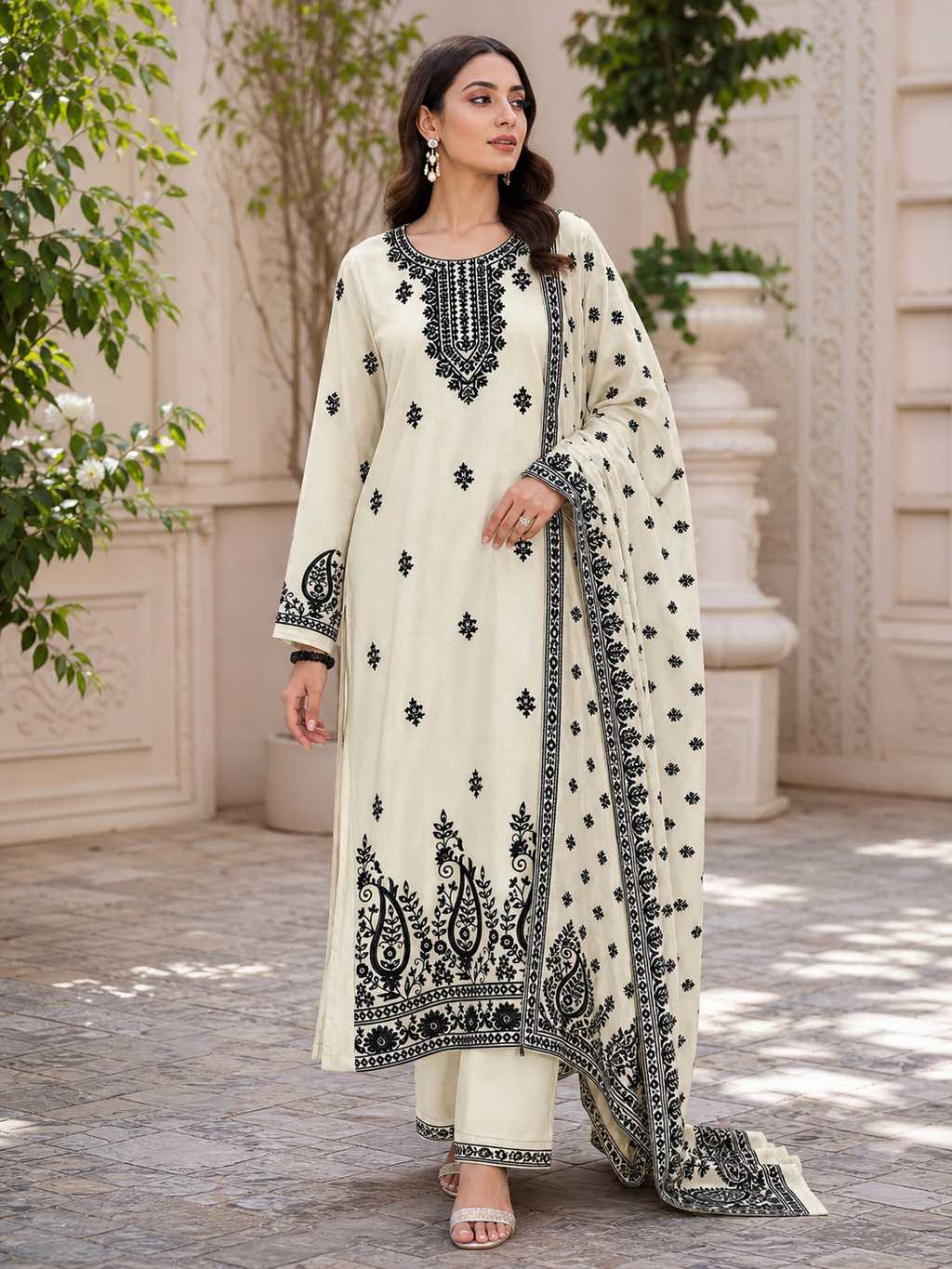 Dhanak embroidered 3-piece unstitched suit Design 02 worn by model