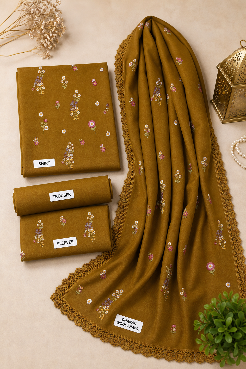 Mustard Indian Booti Dhanak embroidered 3-piece unstitched suit fabric set with shirt, trousers and dupatta