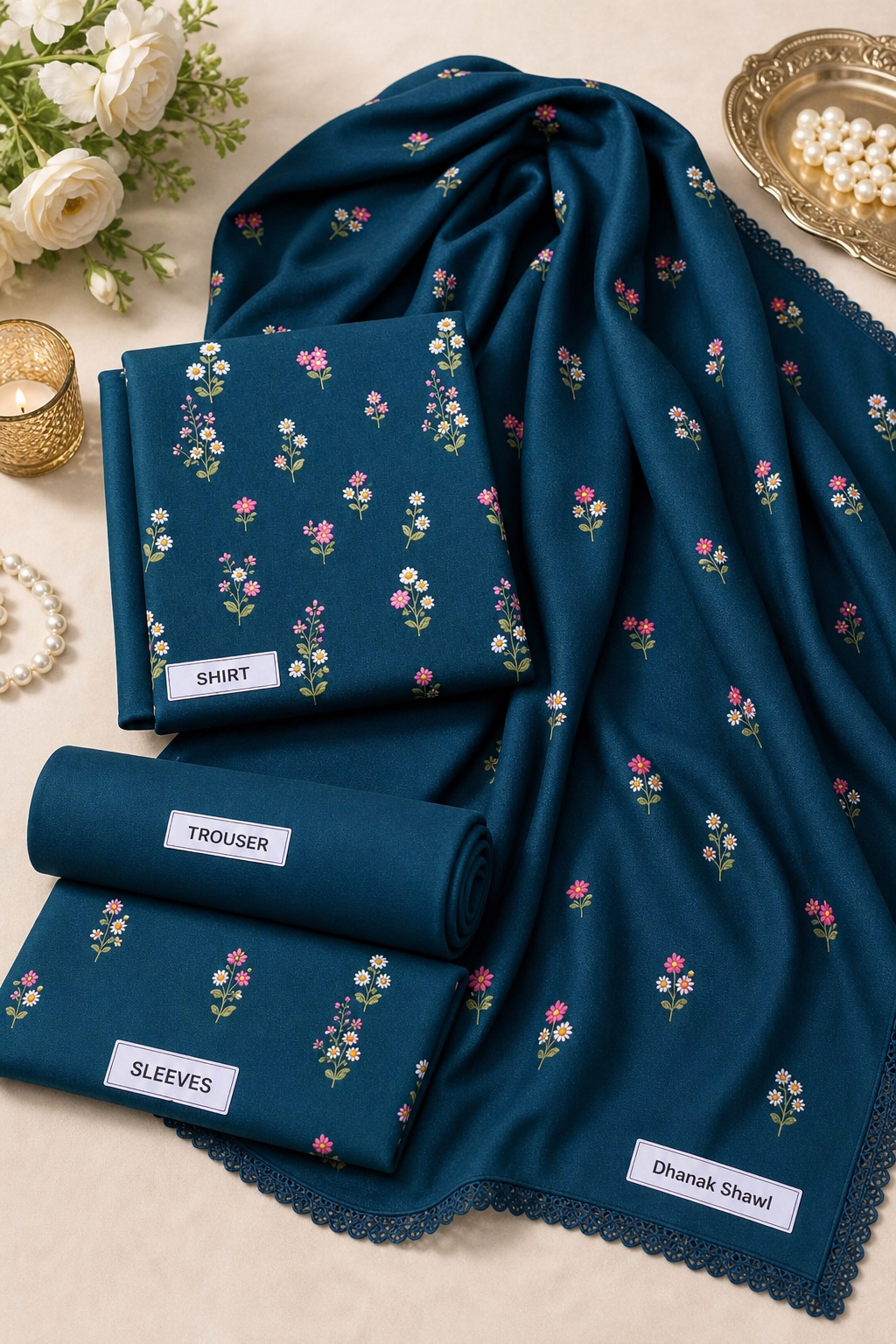 Zync Indian Booti Dhanak embroidered 3-piece unstitched suit fabric set with shirt, trousers and dupatta