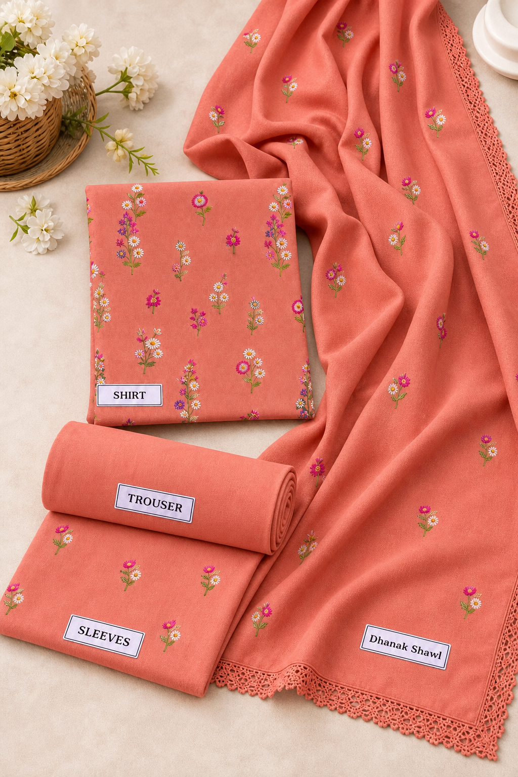 Peach Indian Booti Dhanak embroidered 3-piece unstitched suit fabric set with shirt, trousers and dupatta