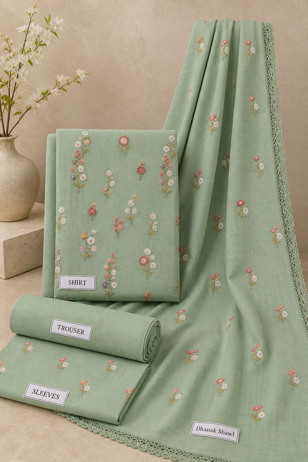 Pista Green Indian Booti Dhanak embroidered 3-piece unstitched suit fabric set with shirt, trousers and dupatta
