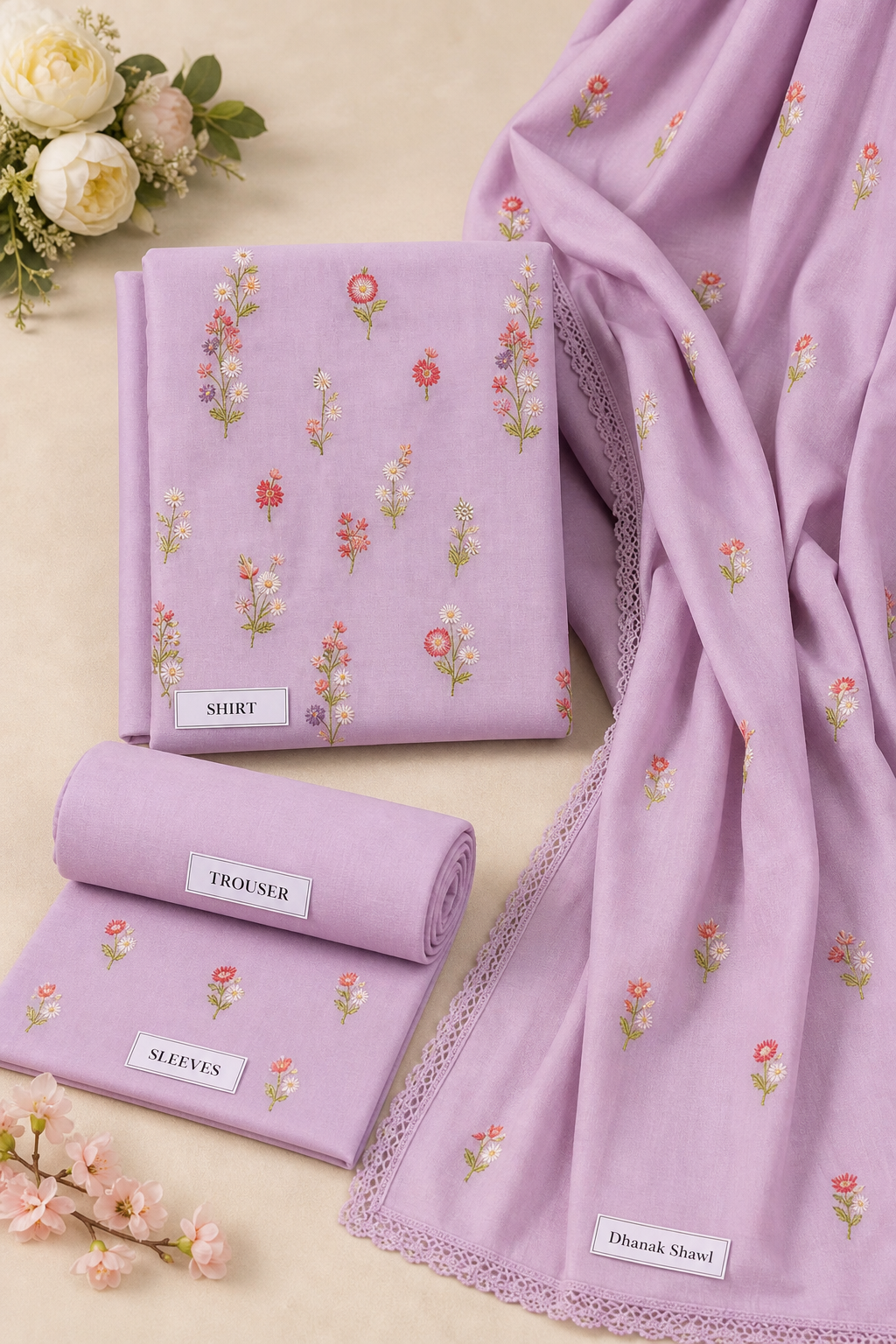 Light Purple Indian Booti Dhanak embroidered 3-piece unstitched suit fabric set with shirt, trousers and dupatta