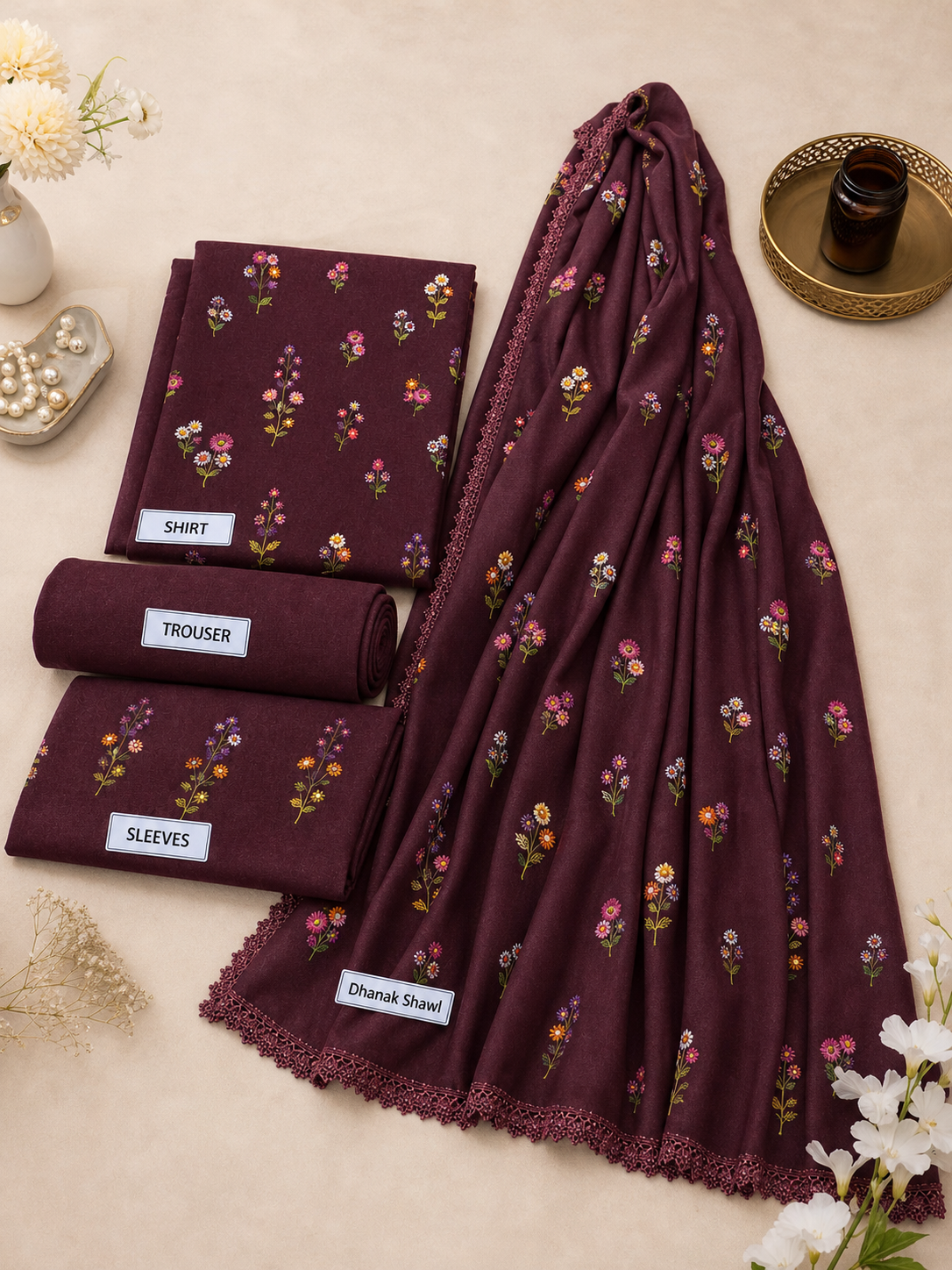 Mehroon Indian Booti Dhanak embroidered 3-piece unstitched suit fabric set with shirt, trousers and dupatta