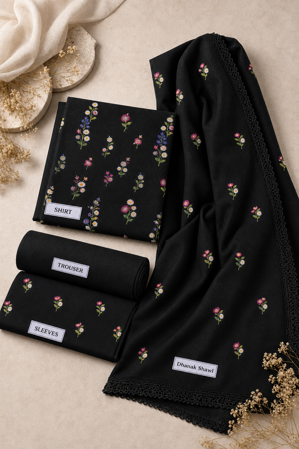 Black Indian Booti Dhanak embroidered 3-piece unstitched suit fabric set with shirt, trousers and dupatta