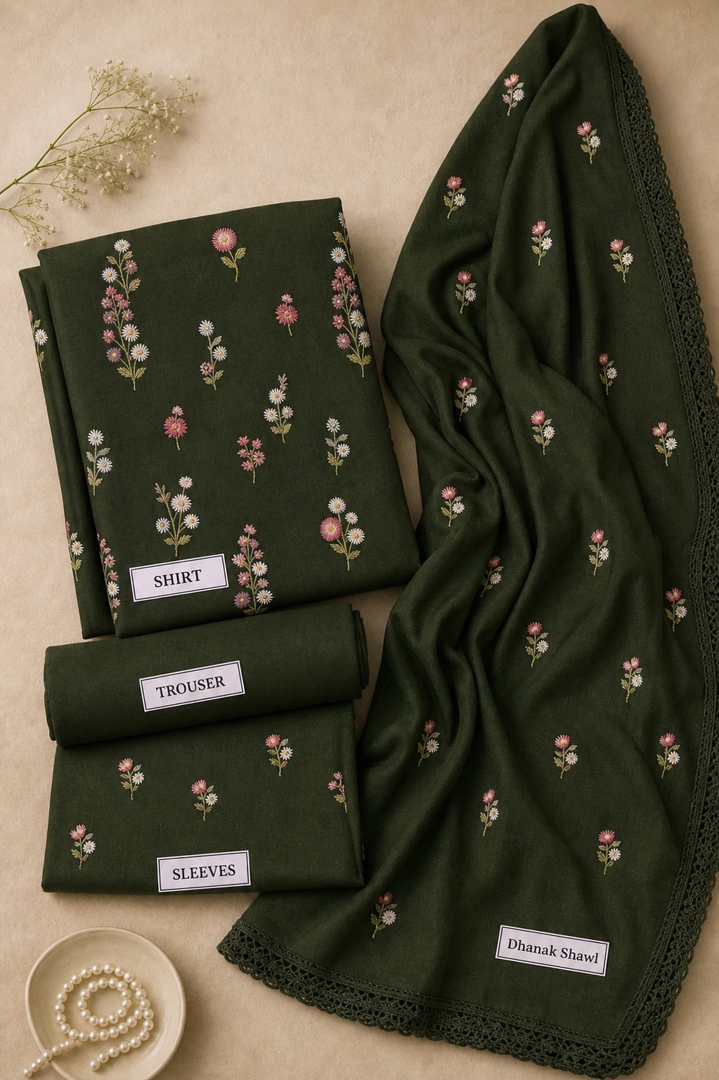 Bottle Green Indian Booti Dhanak embroidered 3-piece unstitched suit fabric set with shirt, trousers and dupatta