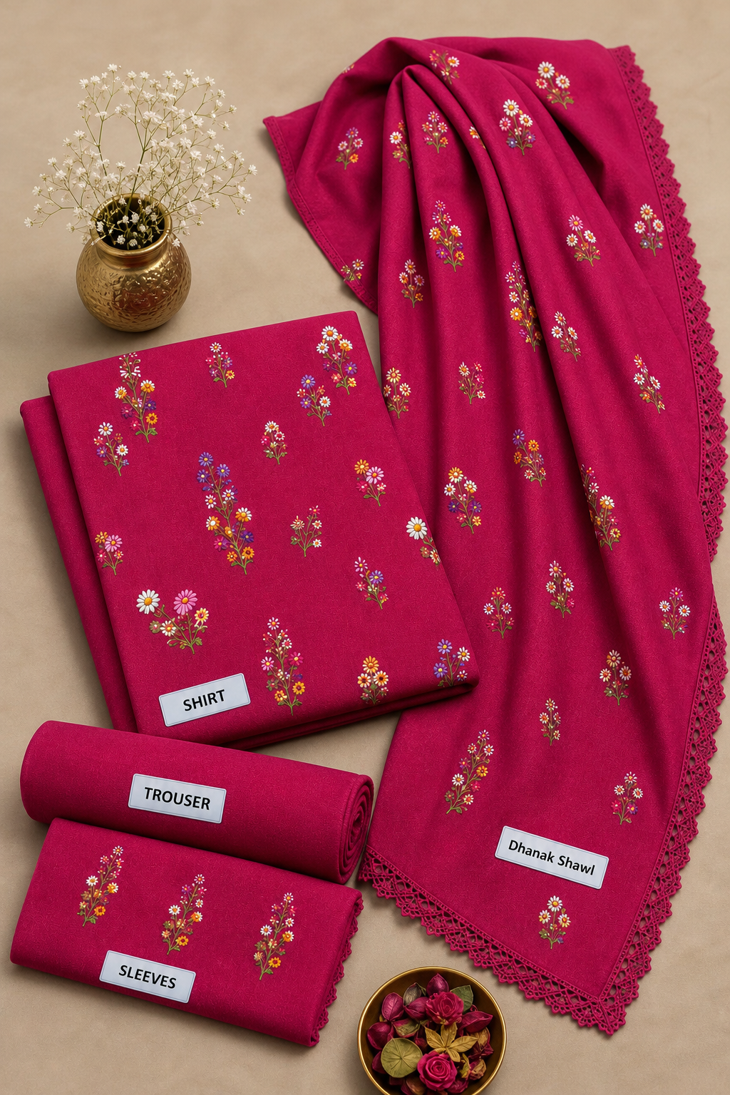 Shocking Pink Indian Booti Dhanak embroidered 3-piece unstitched suit fabric set with shirt, trousers and dupatta