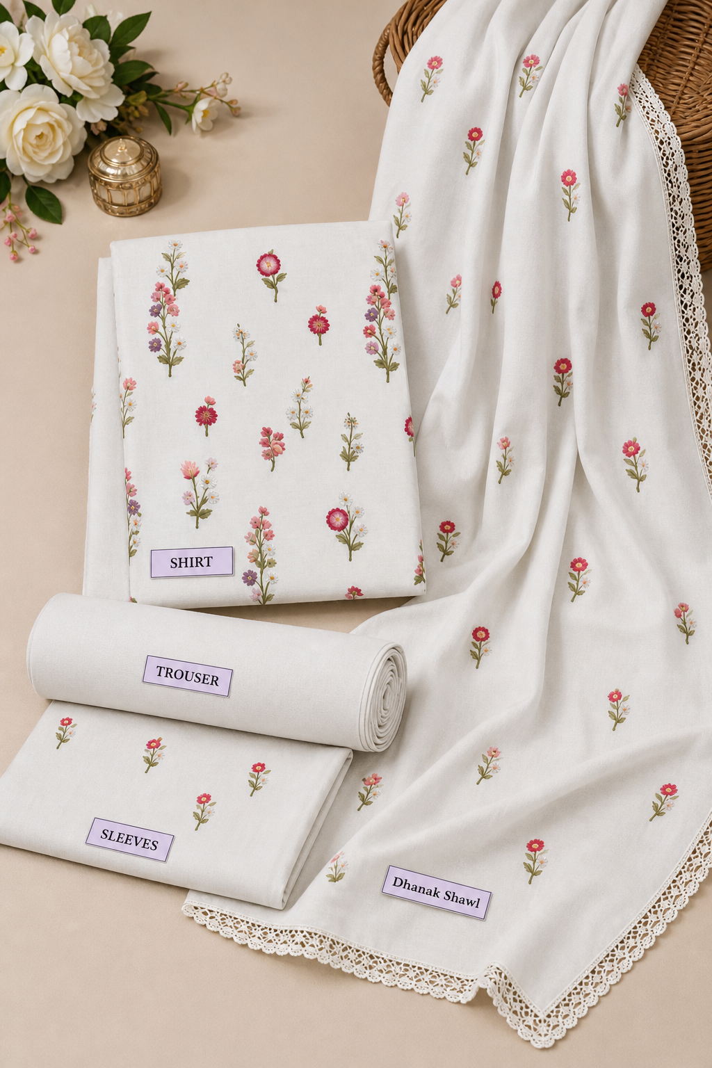 White Indian Booti Dhanak embroidered 3-piece unstitched suit fabric set with shirt, trousers and dupatta