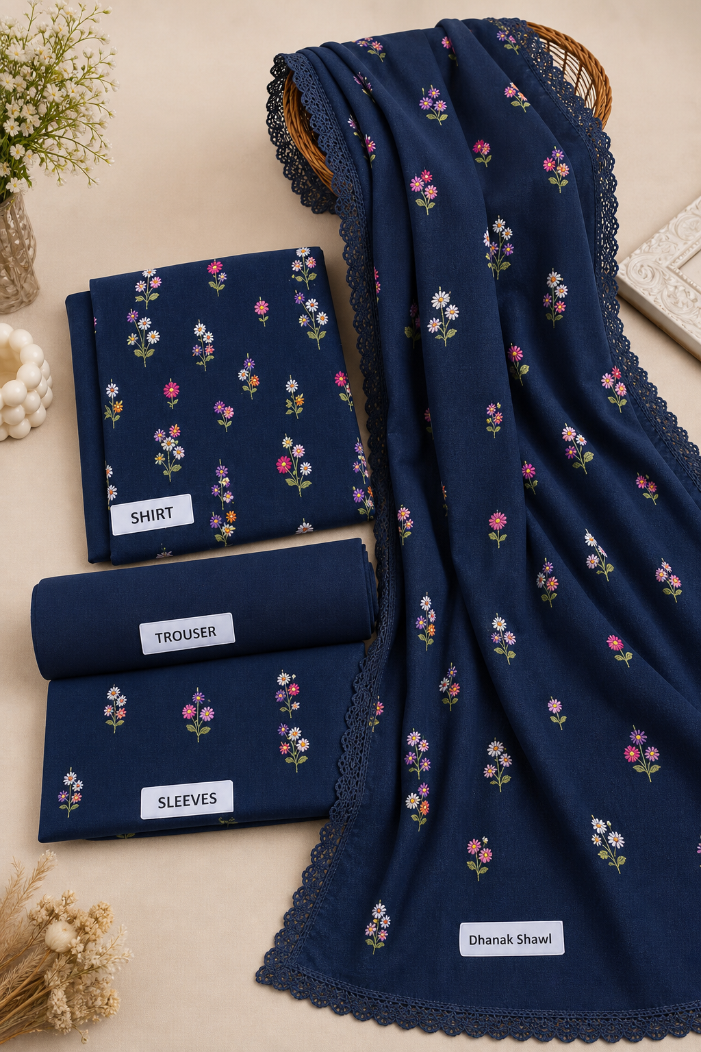 Navy Blue Indian Booti Dhanak embroidered 3-piece unstitched suit fabric set with shirt, trousers and dupatta