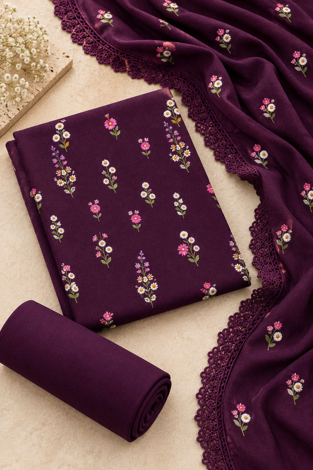 Purple embroidered Dhanak fabric, plain trouser fabric and matching floral dupatta