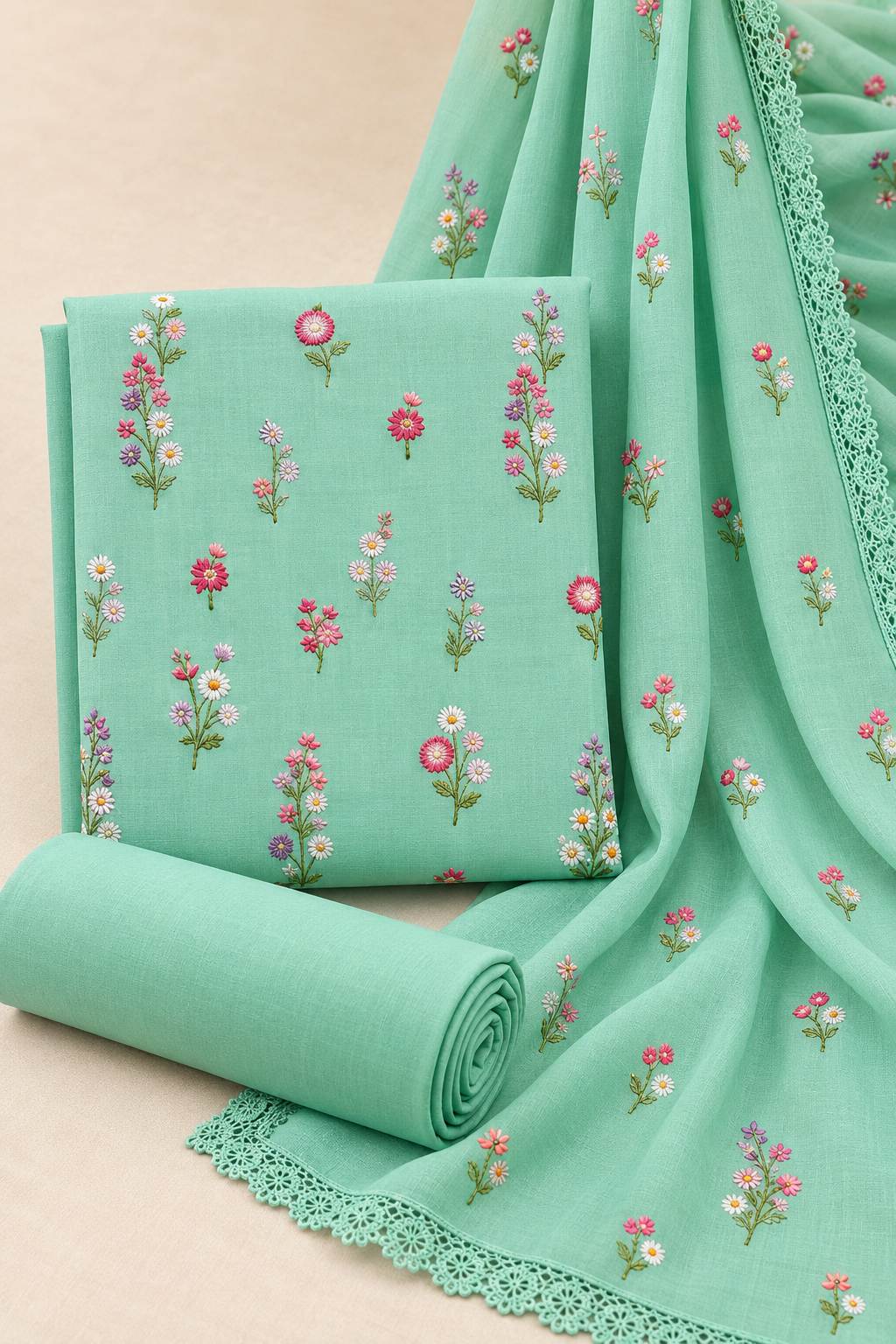 Sea Green Indian Booti Dhanak embroidered 3-piece unstitched suit fabric set with shirt, trousers and dupatta