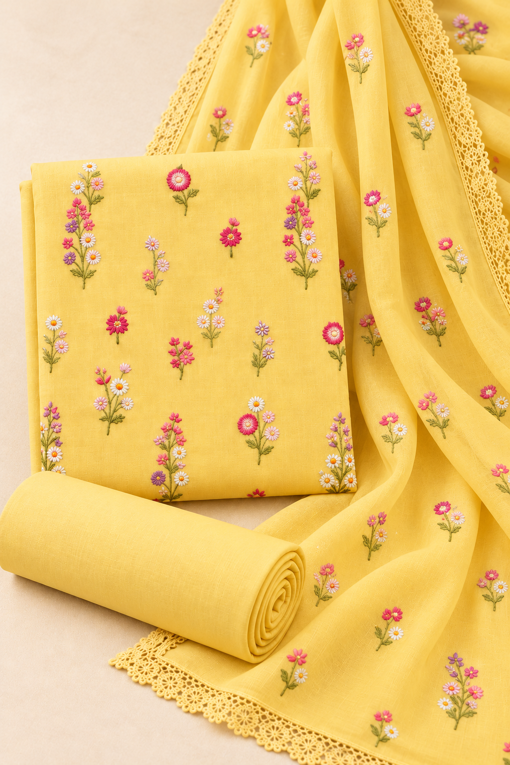 Yellow Indian Booti Dhanak embroidered 3-piece unstitched suit fabric set with shirt, trousers and dupatta